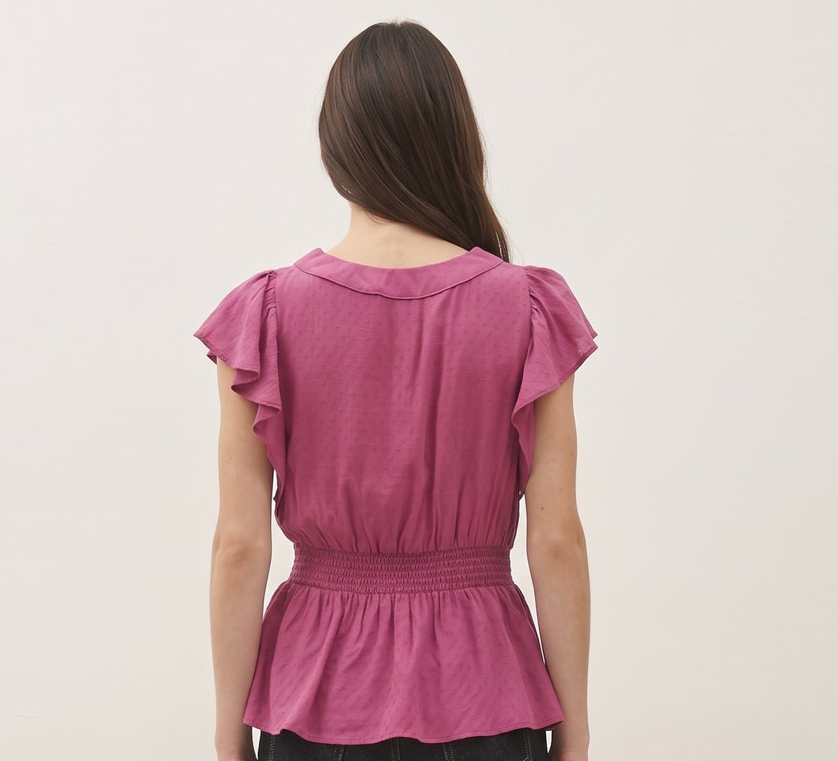 The Camille Smocked-Waist Flutter-Sleeve Peplum Blouse in Magenta