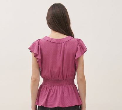 The Camille Smocked-Waist Flutter-Sleeve Peplum Blouse in Magenta