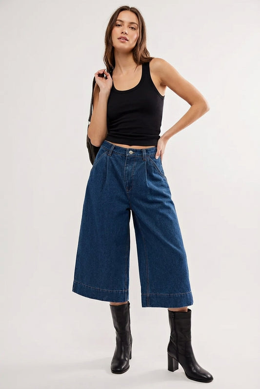 The Harper Pleated Wide-Leg Denim Gaucho in Dark Wash