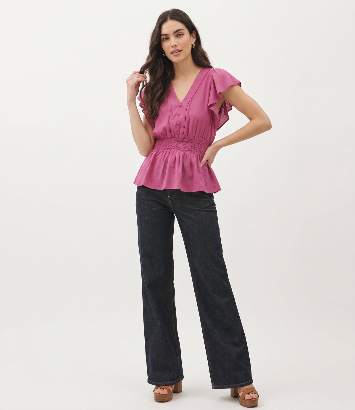 The Camille Smocked-Waist Flutter-Sleeve Peplum Blouse in Magenta