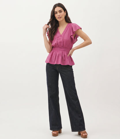 The Camille Smocked-Waist Flutter-Sleeve Peplum Blouse in Magenta