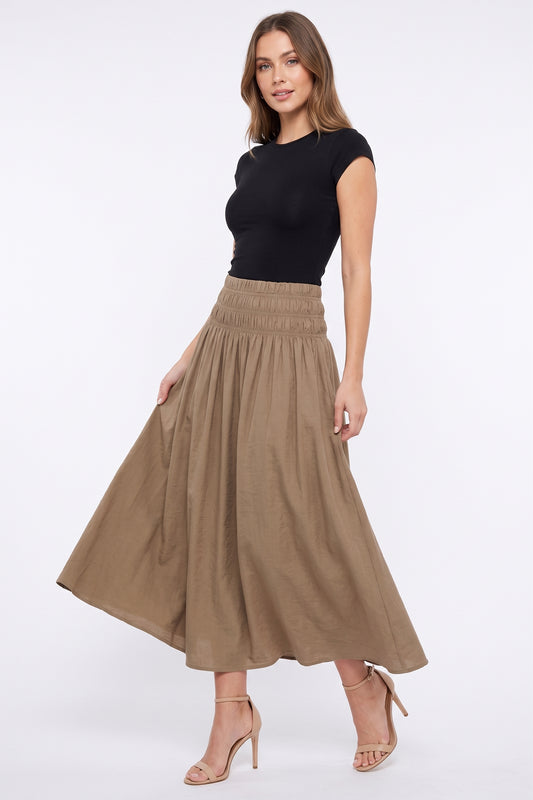 The Leona Smocked-Waist A-Line Maxi Skirt in Olive Khaki