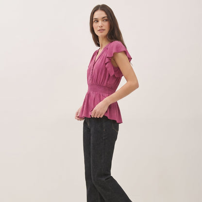 The Camille Smocked-Waist Flutter-Sleeve Peplum Blouse in Magenta
