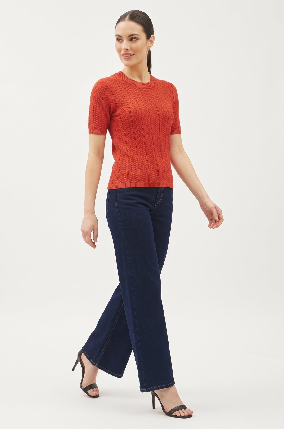The Rowan Wave-Stitch Short-Sleeve Sweater in Terracotta Red