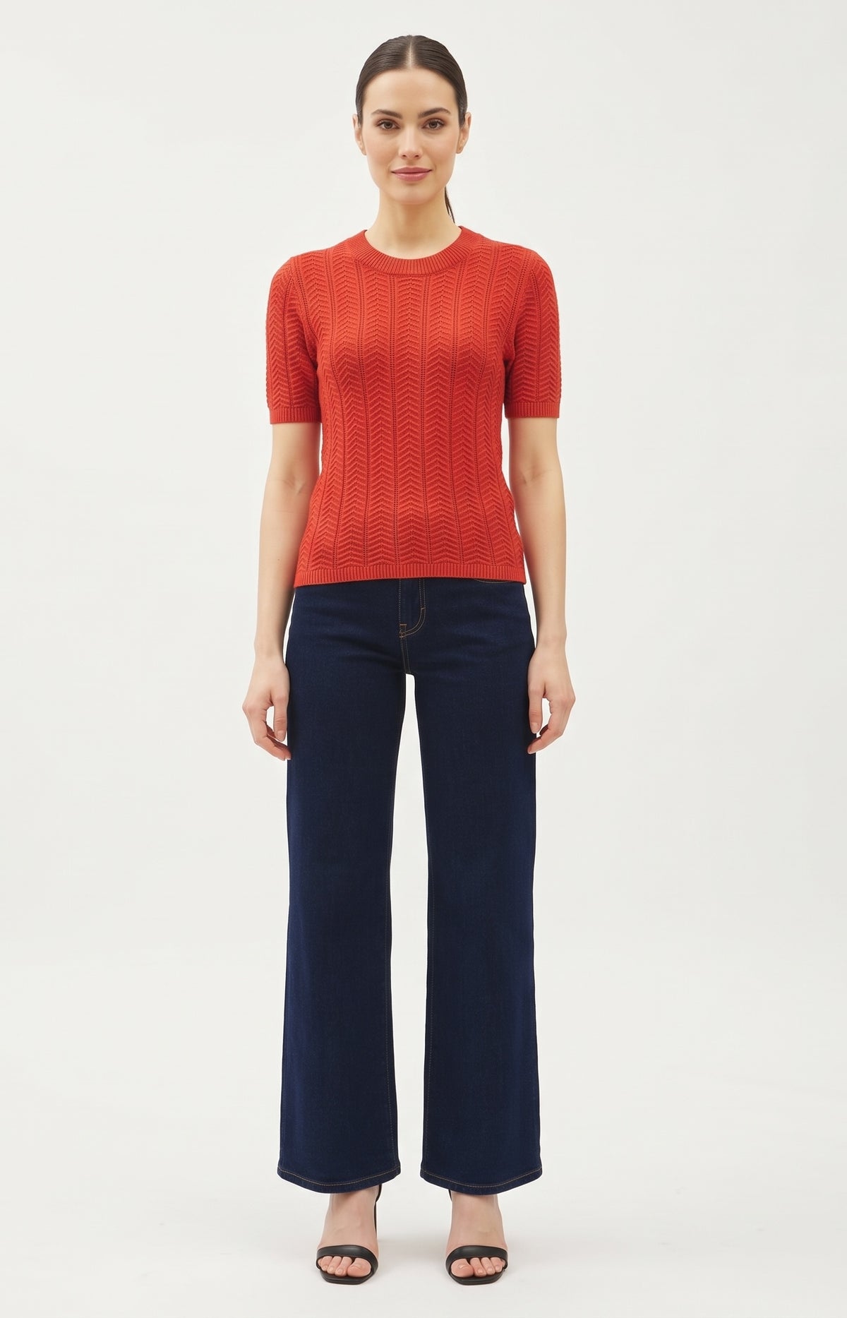 The Rowan Wave-Stitch Short-Sleeve Sweater in Terracotta Red