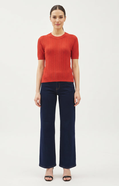 The Rowan Wave-Stitch Short-Sleeve Sweater in Terracotta Red