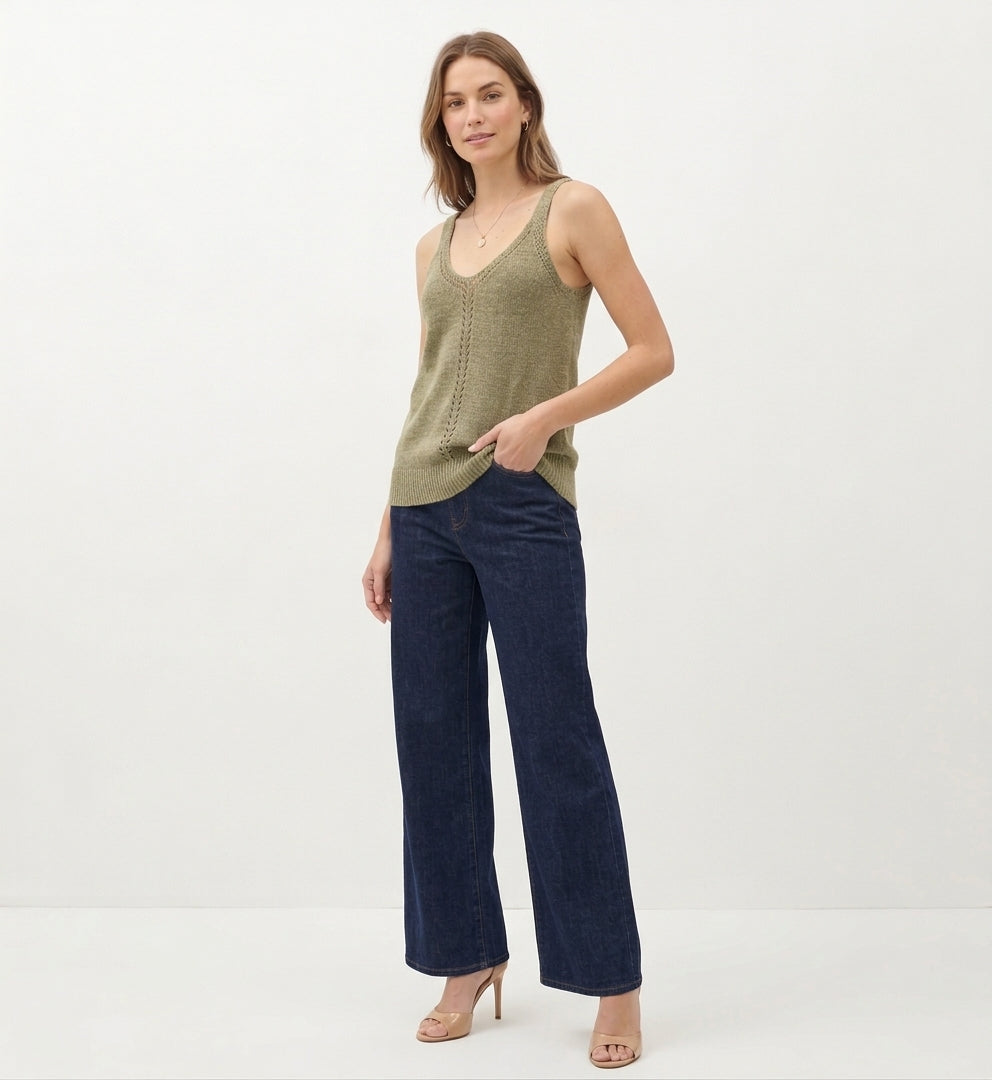 The Sienna Pointelle-Knit V-Neck Sweater Tank in Sage Olive