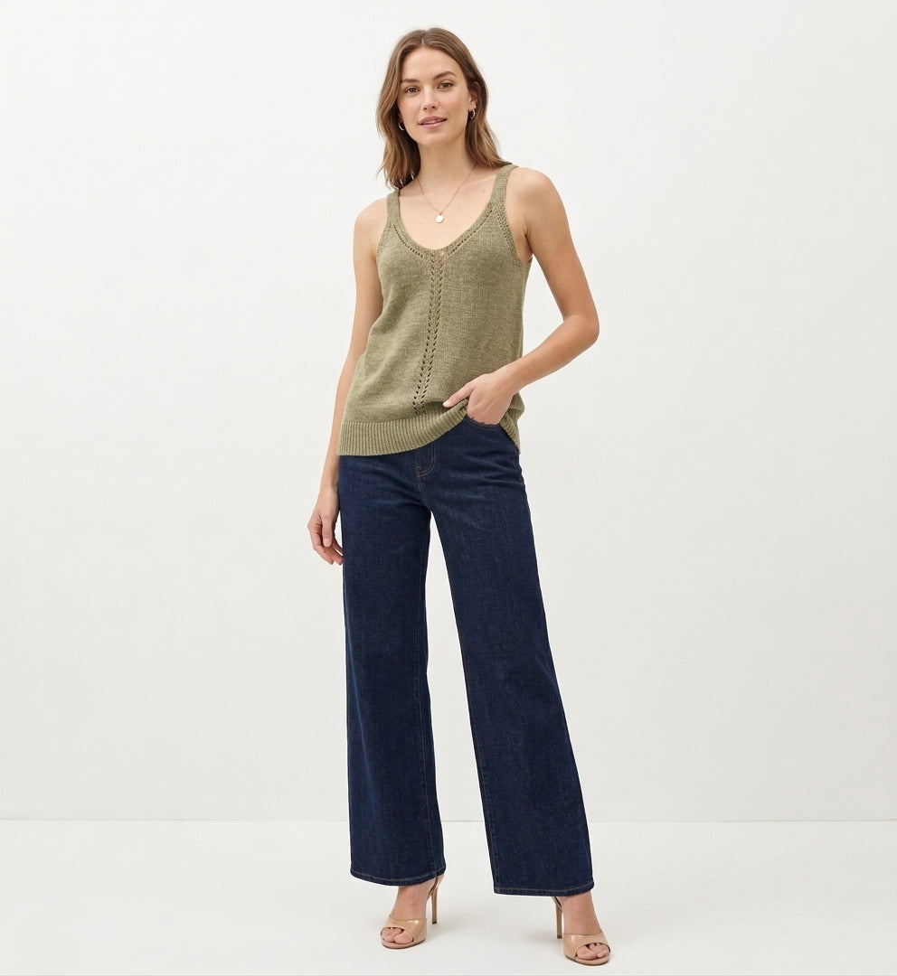 The Sienna Pointelle-Knit V-Neck Sweater Tank in Sage Olive