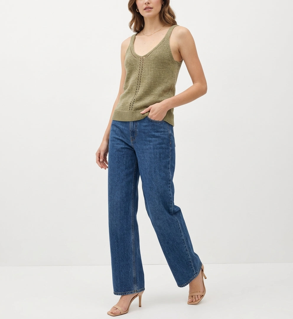 The Sienna Pointelle-Knit V-Neck Sweater Tank in Sage Olive