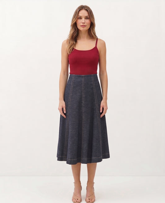 The Genevieve Contrast-Stitch Paneled A-Line Midi Skirt in Dark Denim
