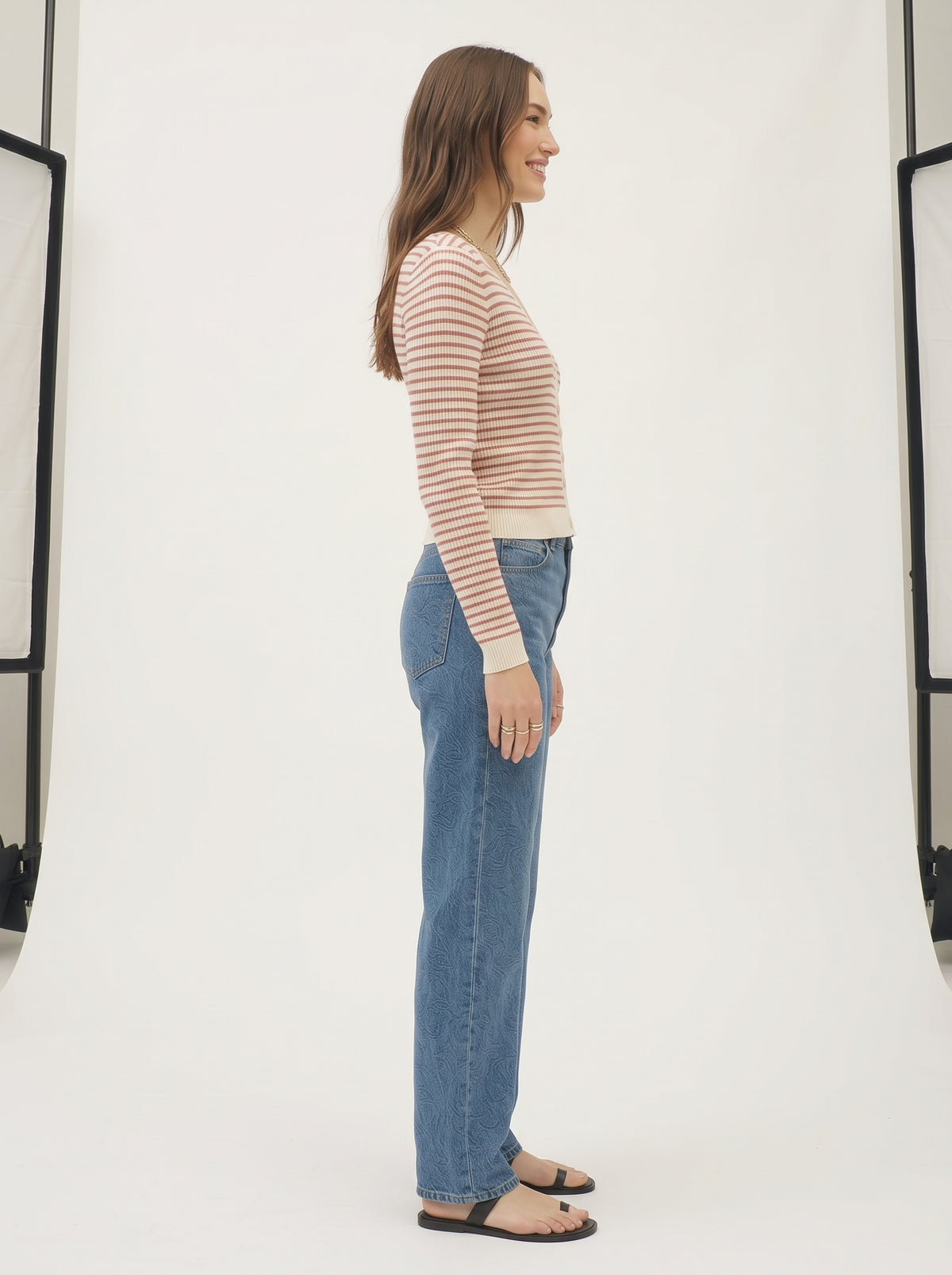 The Amelie Striped V-Neck Button-Front Knit Cardigan in Cream & Rust