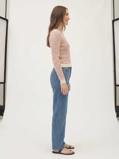 The Amelie Striped V-Neck Button-Front Knit Cardigan in Cream & Rust