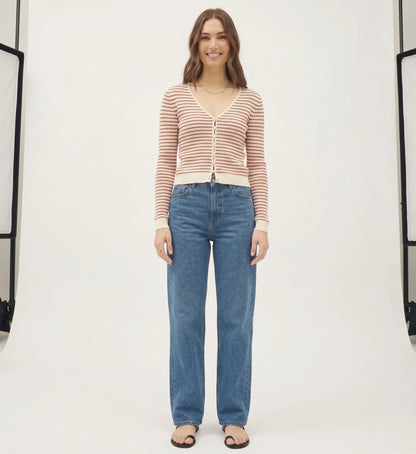 The Amelie Striped V-Neck Button-Front Knit Cardigan in Cream & Rust