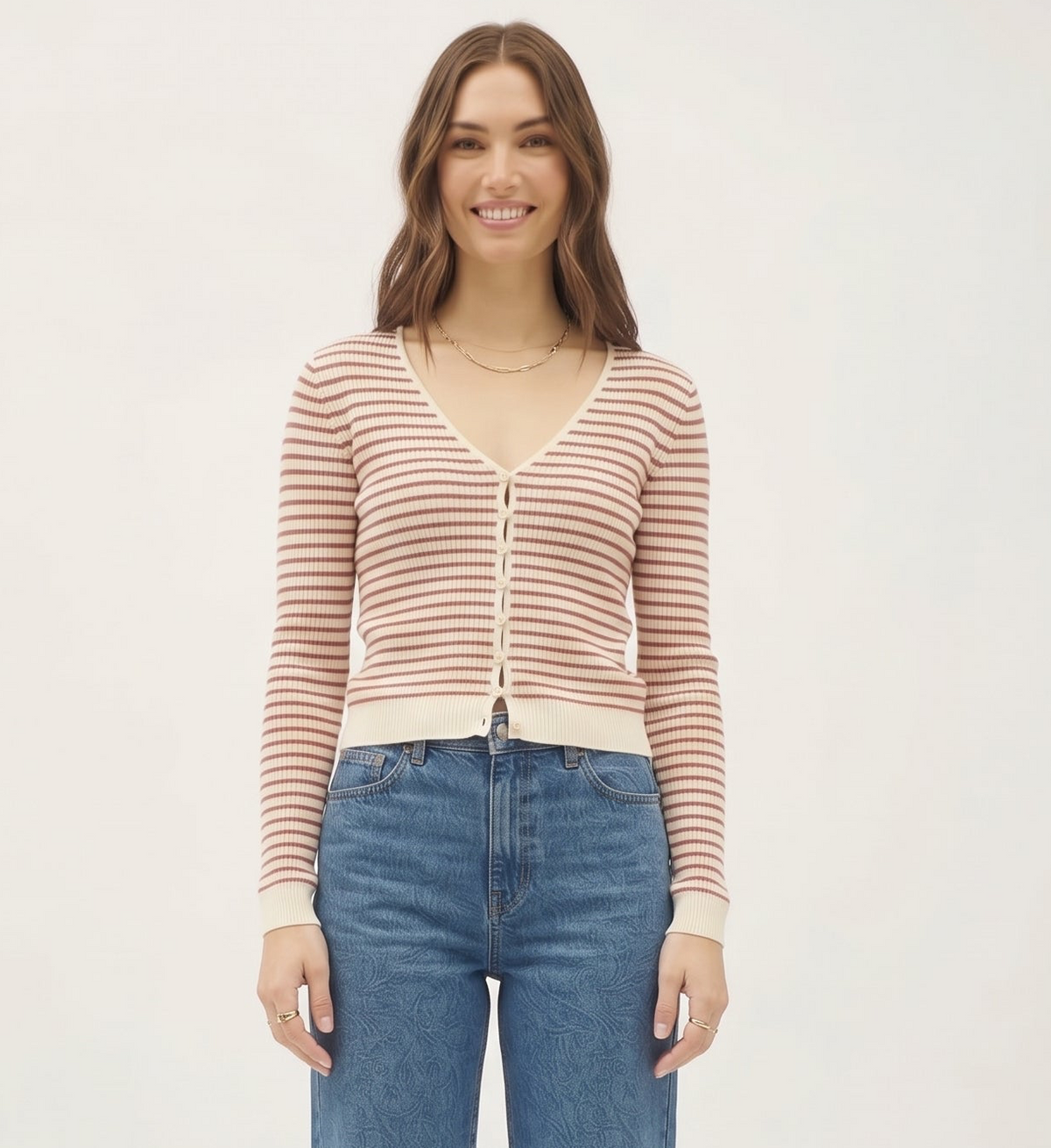 The Amelie Striped V-Neck Button-Front Knit Cardigan in Cream & Rust