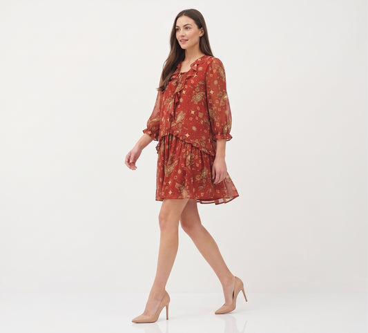 The Sienna Ruffle-Neck Paisley Drop-Waist Mini Dress in Rust