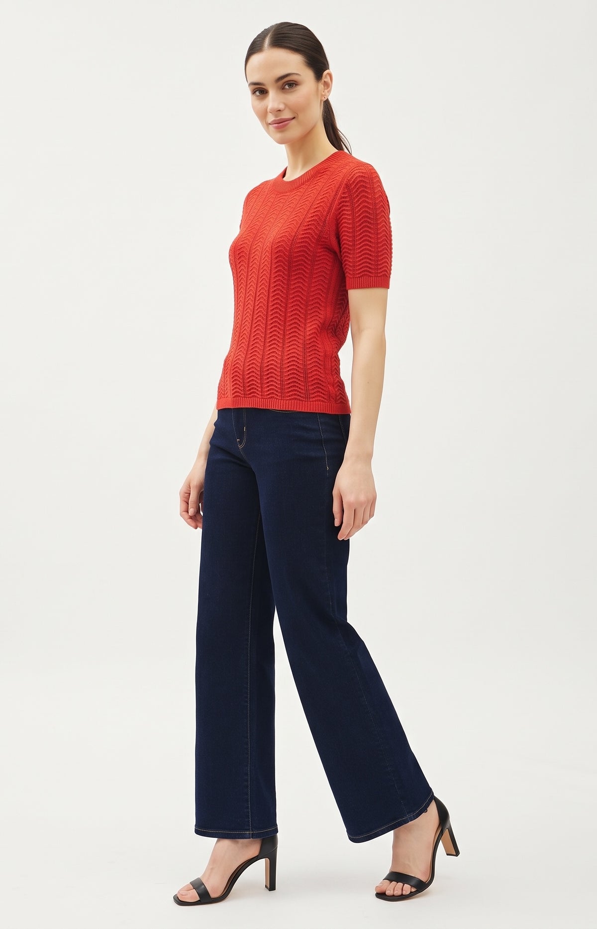 The Rowan Wave-Stitch Short-Sleeve Sweater in Terracotta Red