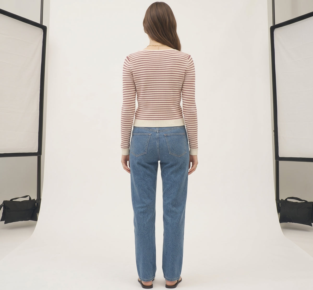 The Amelie Striped V-Neck Button-Front Knit Cardigan in Cream & Rust