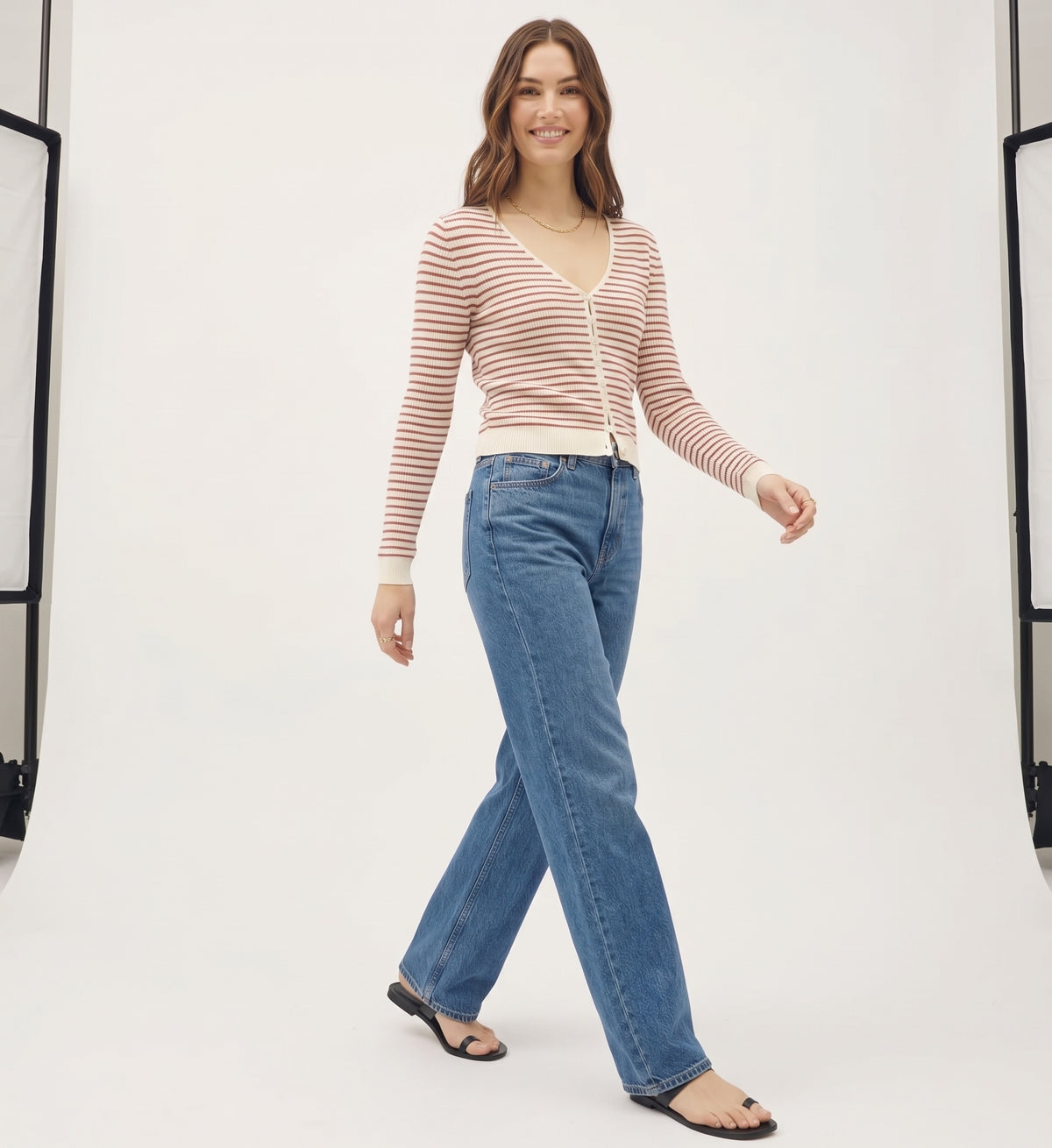 The Amelie Striped V-Neck Button-Front Knit Cardigan in Cream & Rust