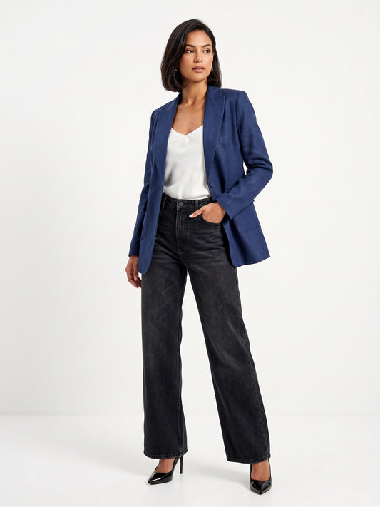 The Victoria Single-Button Tailored Denim Blazer in Navy