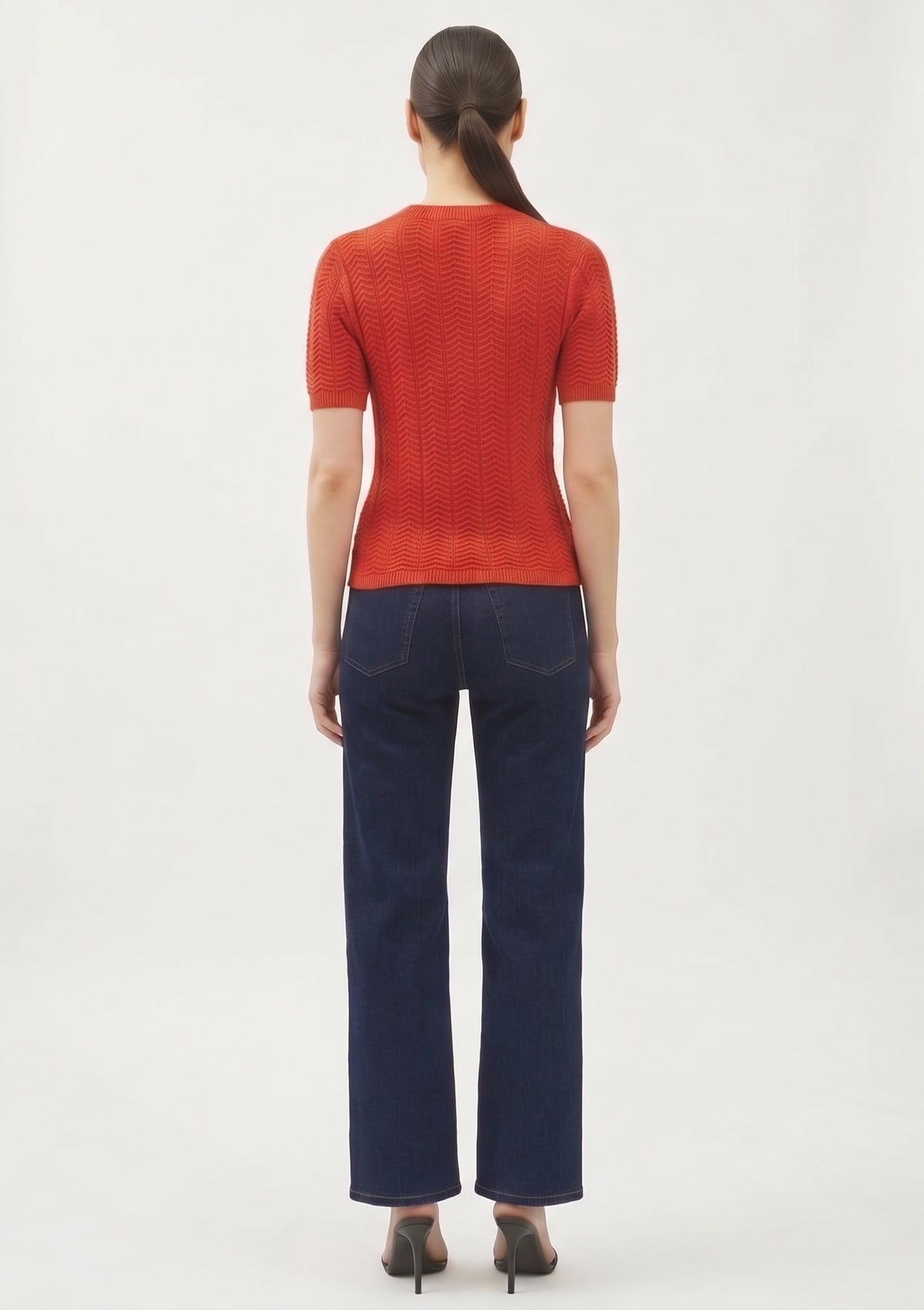 The Rowan Wave-Stitch Short-Sleeve Sweater in Terracotta Red