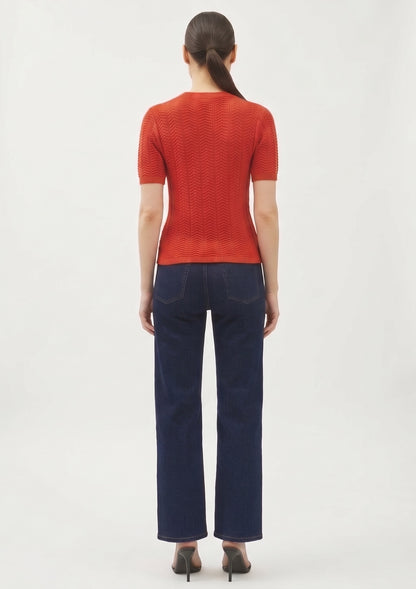 The Rowan Wave-Stitch Short-Sleeve Sweater in Terracotta Red