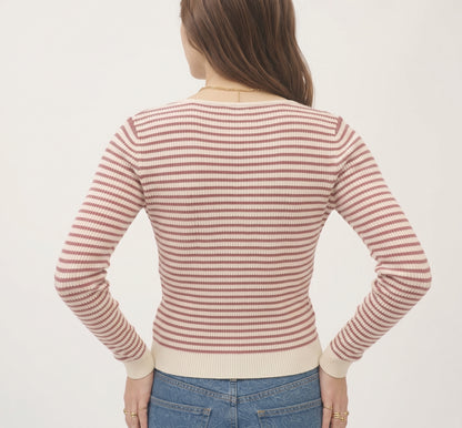 The Amelie Striped V-Neck Button-Front Knit Cardigan in Cream & Rust