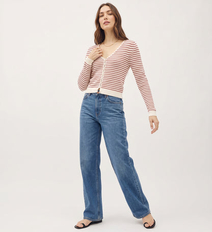 The Amelie Striped V-Neck Button-Front Knit Cardigan in Cream & Rust