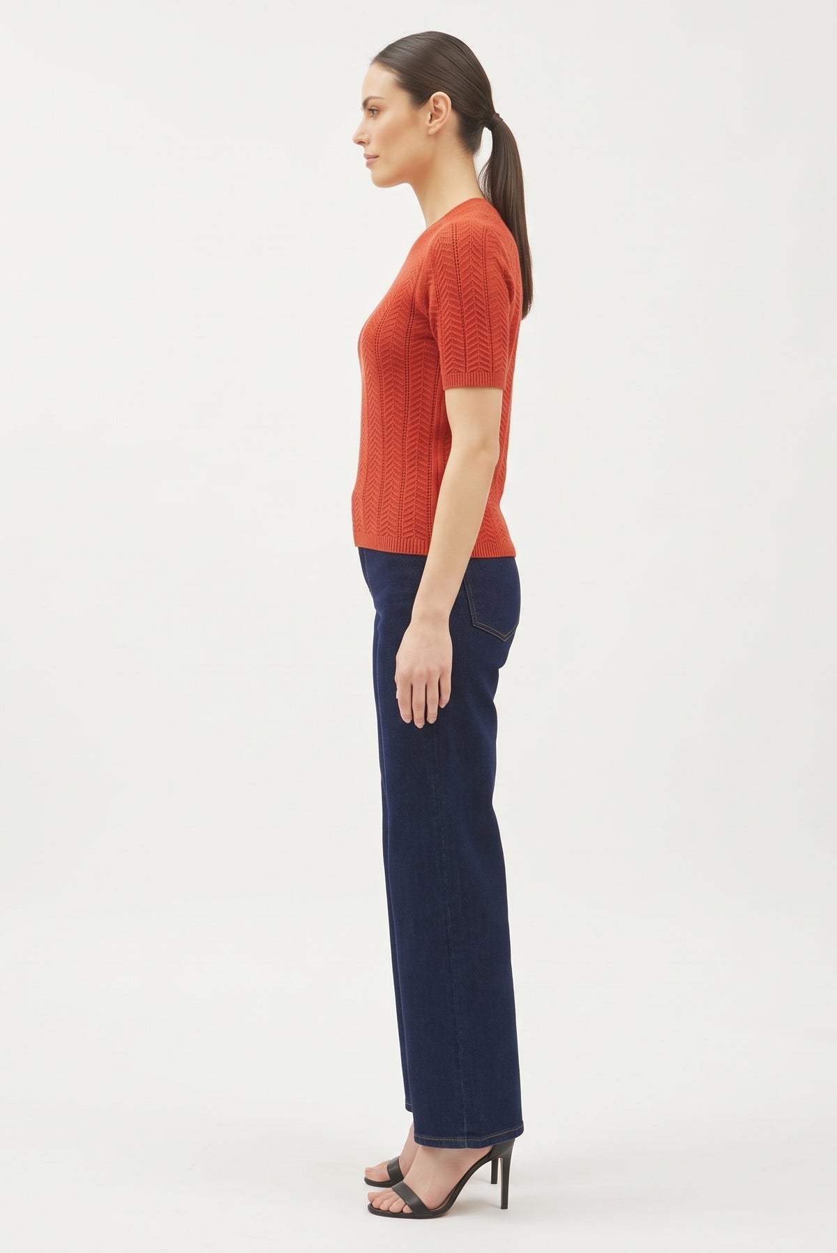 The Rowan Wave-Stitch Short-Sleeve Sweater in Terracotta Red