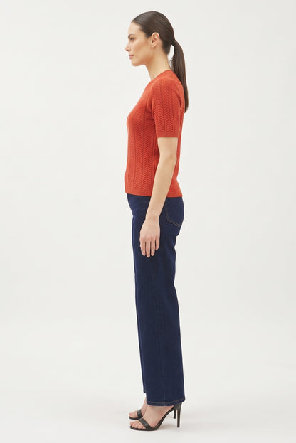 The Rowan Wave-Stitch Short-Sleeve Sweater in Terracotta Red