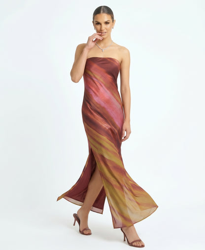 The Solène Strapless Watercolor Sunset Satin Maxi Dress