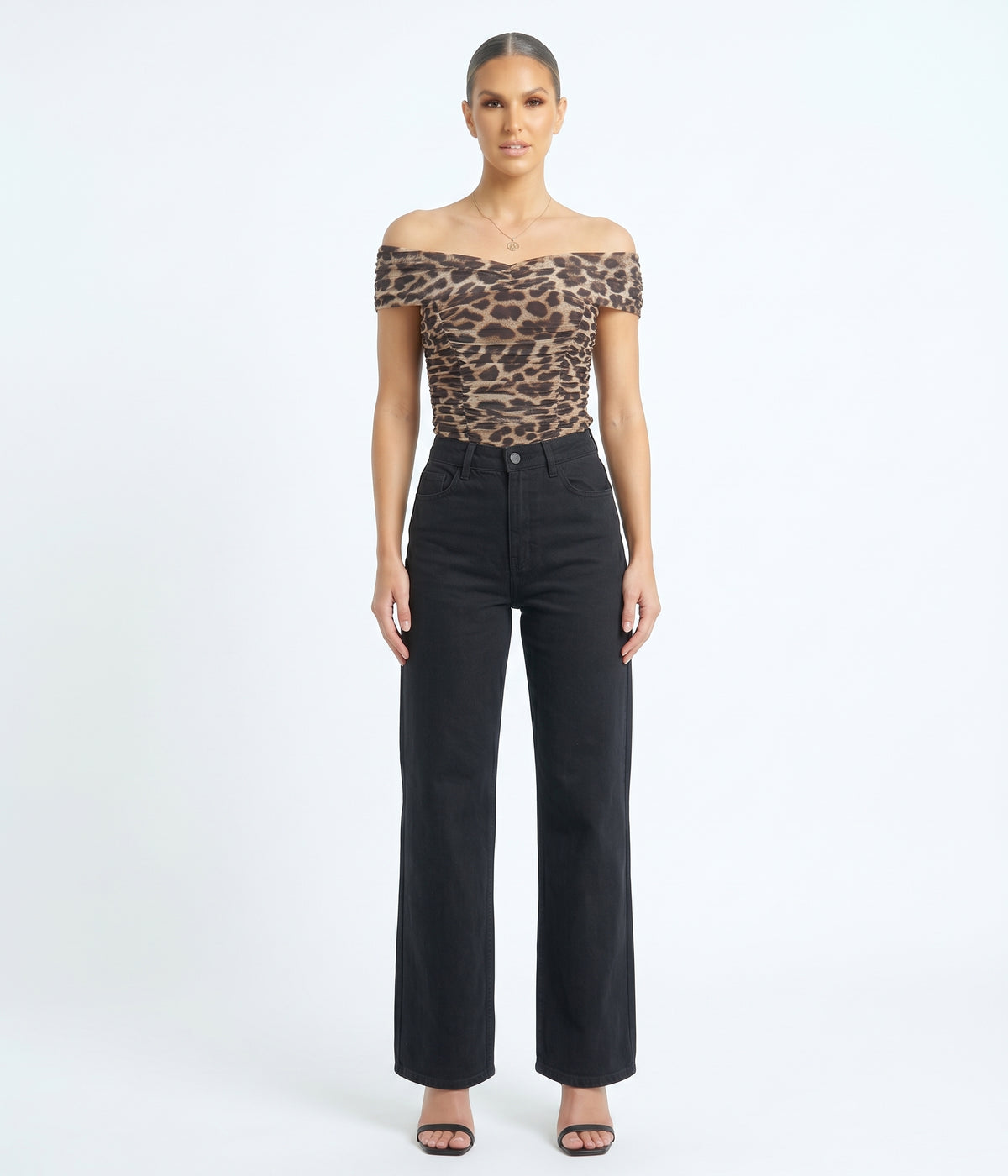 The Gigi Off-the-Shoulder Ruched Mesh Leopard Top