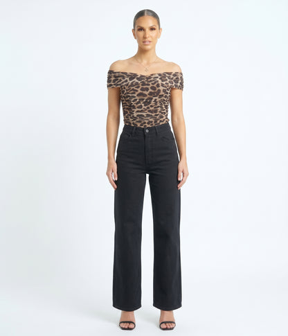 The Gigi Off-the-Shoulder Ruched Mesh Leopard Top