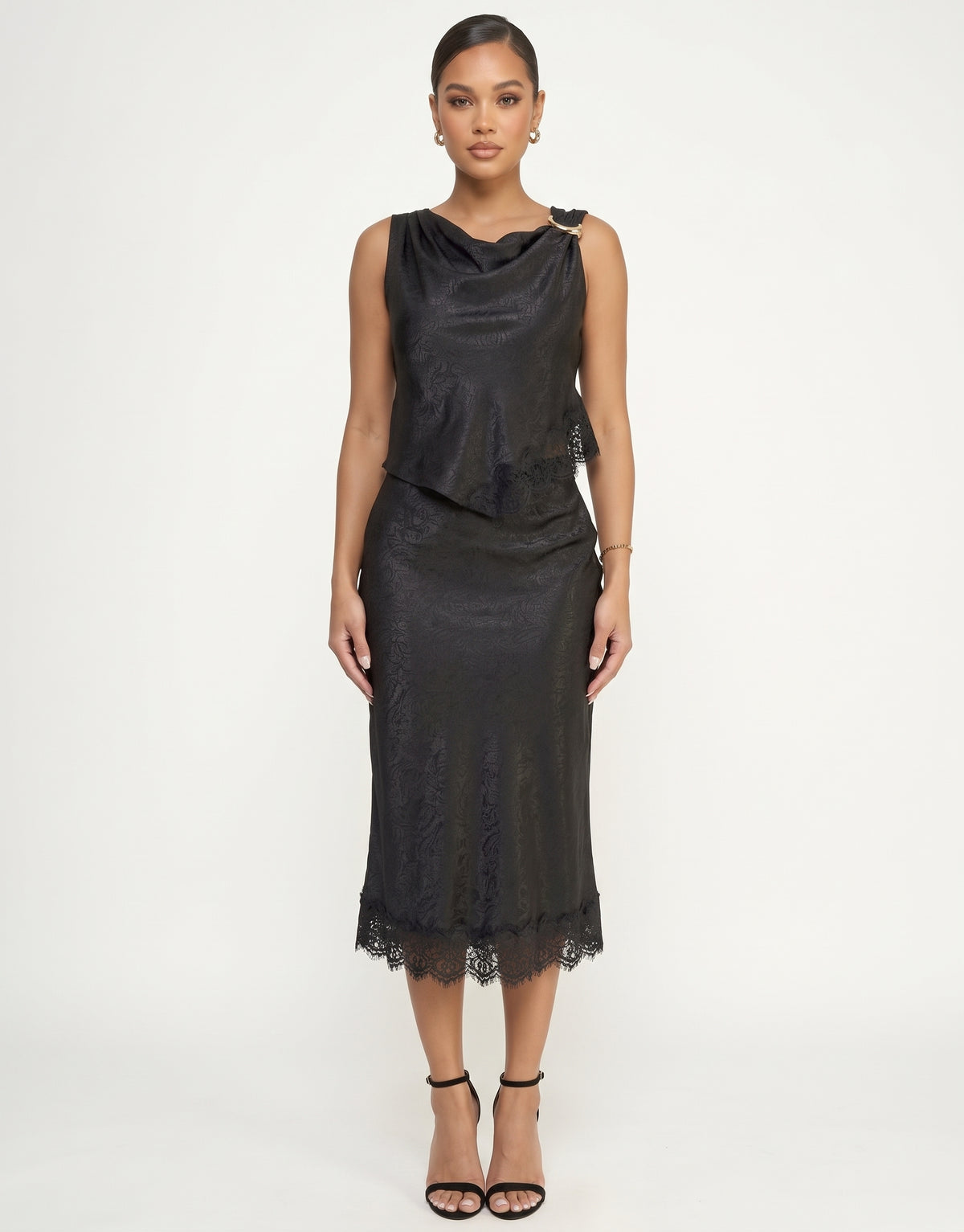 The Genevieve Cowl-Neck Lace-Trim Satin Top in Black