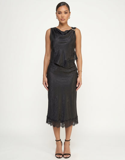 The Genevieve Cowl-Neck Lace-Trim Satin Top in Black