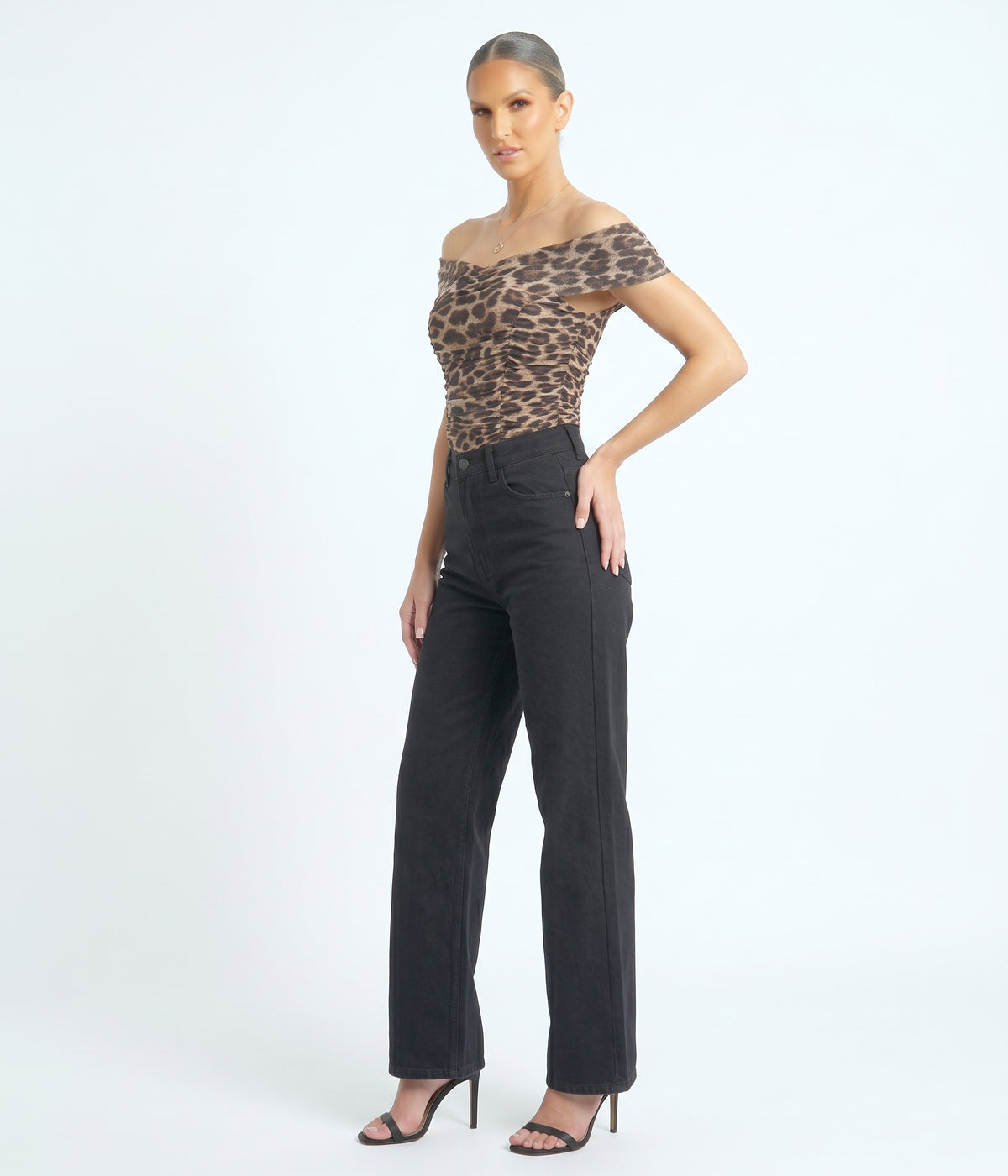 The Gigi Off-the-Shoulder Ruched Mesh Leopard Top