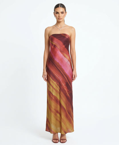 The Solène Strapless Watercolor Sunset Satin Maxi Dress