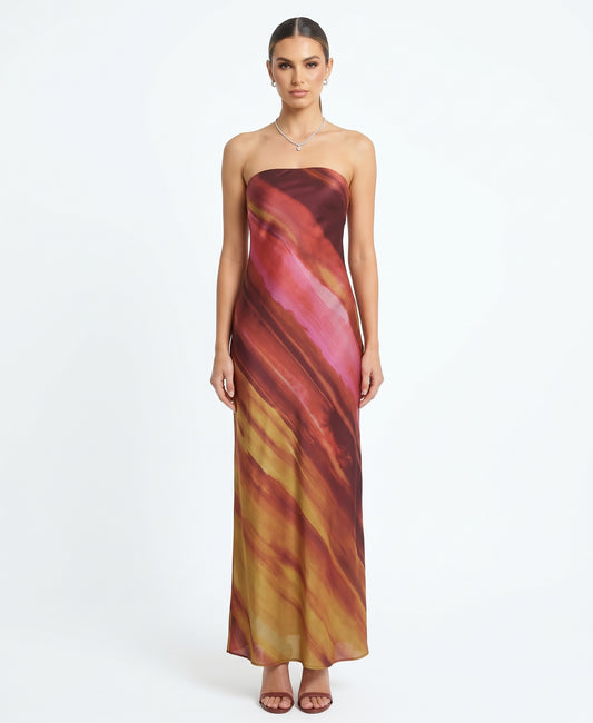 The Solène Strapless Watercolor Sunset Satin Maxi Dress