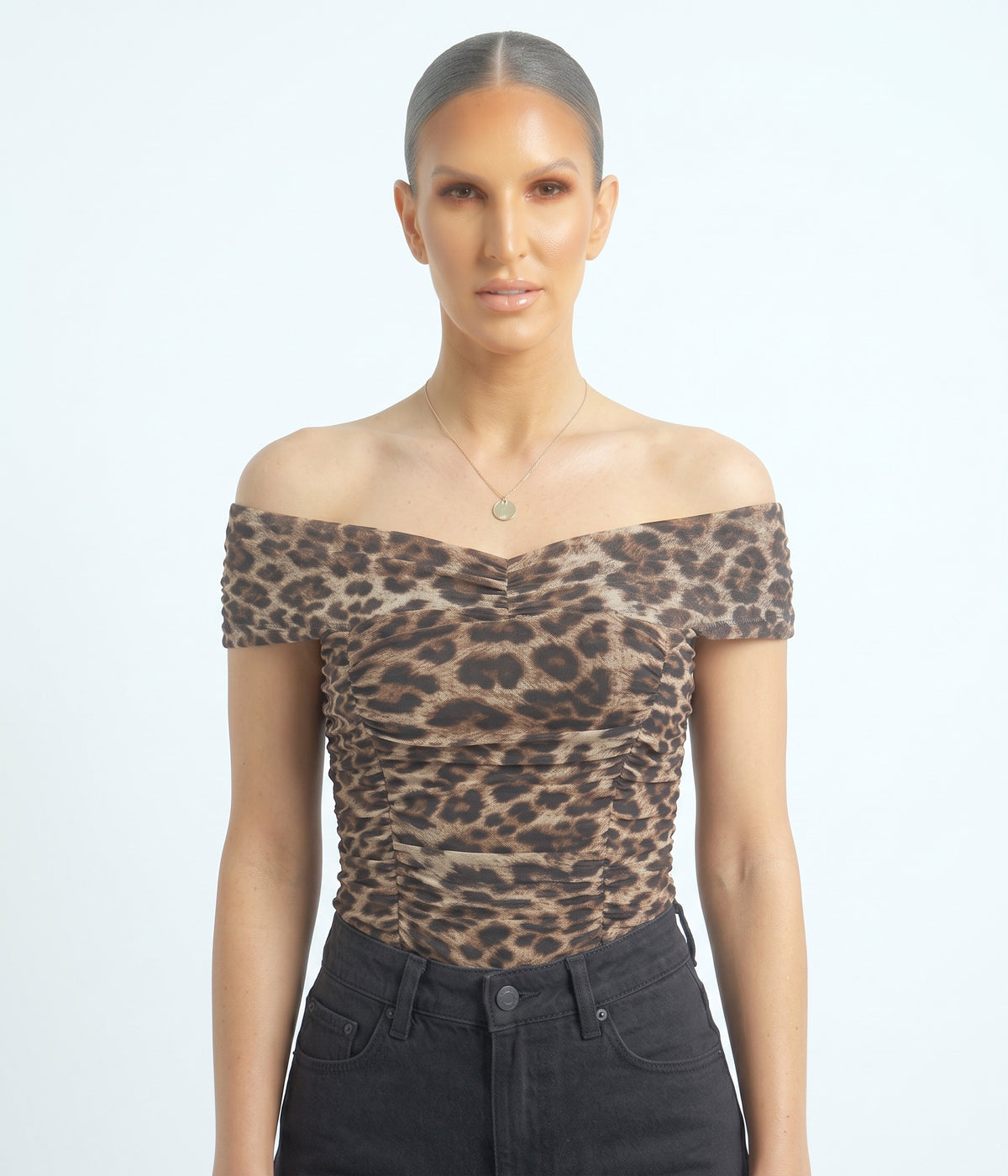 The Gigi Off-the-Shoulder Ruched Mesh Leopard Top