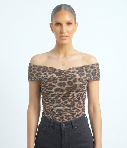 The Gigi Off-the-Shoulder Ruched Mesh Leopard Top