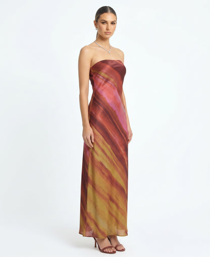 The Solène Strapless Watercolor Sunset Satin Maxi Dress