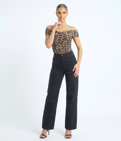 The Gigi Off-the-Shoulder Ruched Mesh Leopard Top