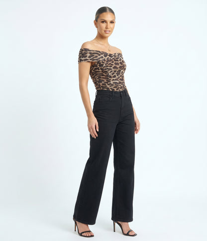 The Gigi Off-the-Shoulder Ruched Mesh Leopard Top