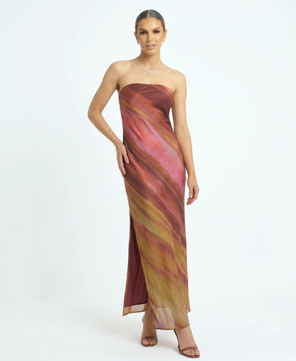 The Solène Strapless Watercolor Sunset Satin Maxi Dress