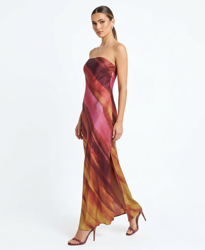 The Solène Strapless Watercolor Sunset Satin Maxi Dress