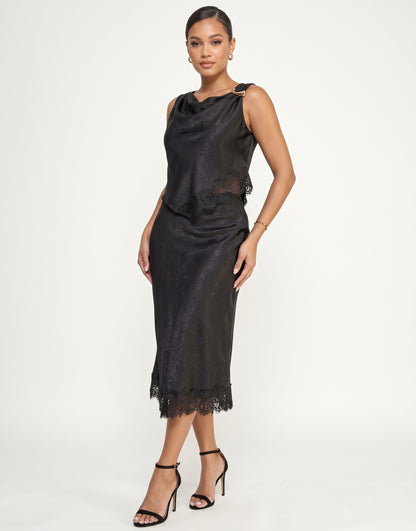 The Genevieve Cowl-Neck Lace-Trim Satin Top in Black