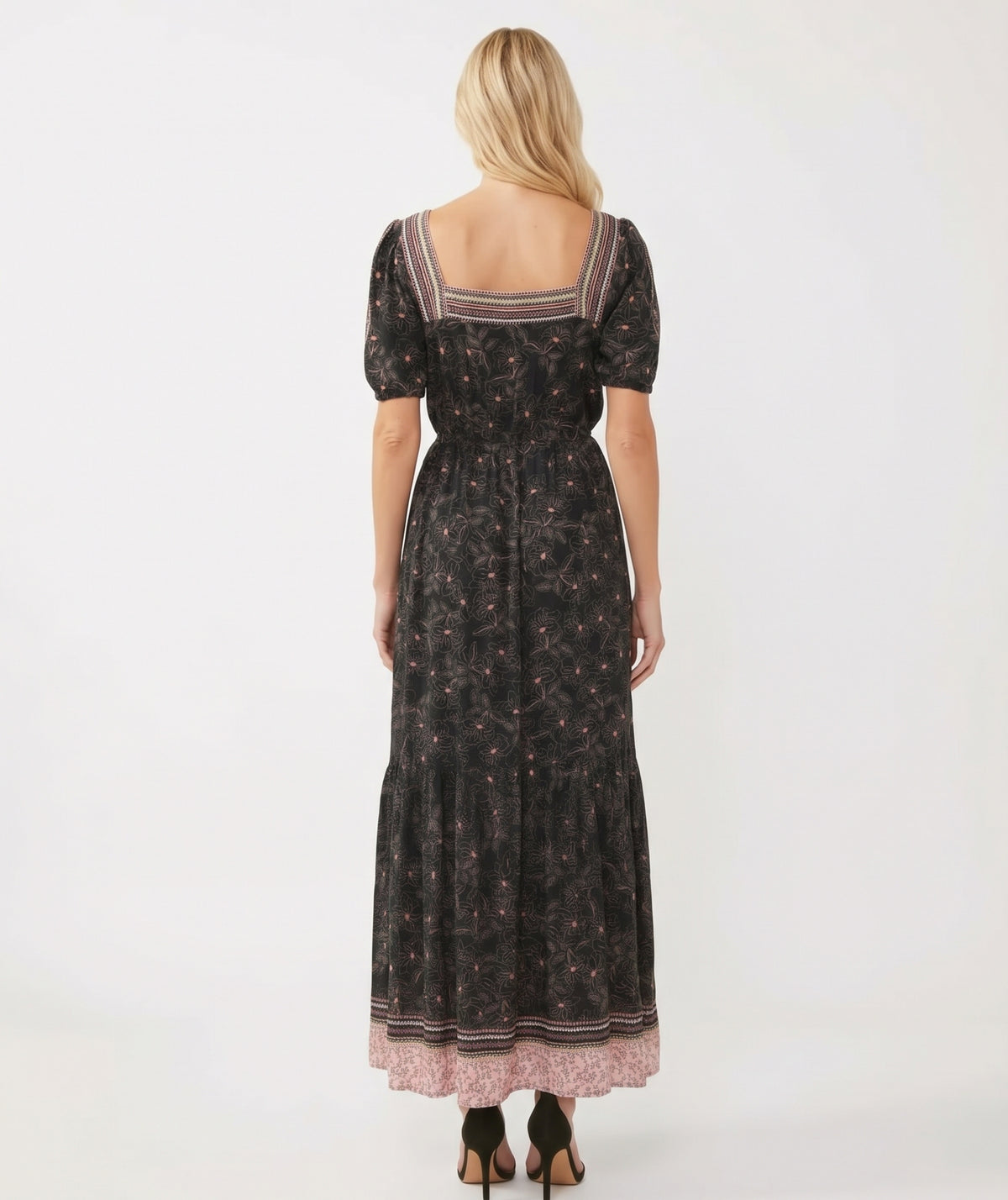 The Florence Square-Neck Border-Print Tiered Maxi Dress in Black