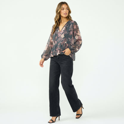 The Adelaide Chiffon Peplum Blouse in Slate Floral