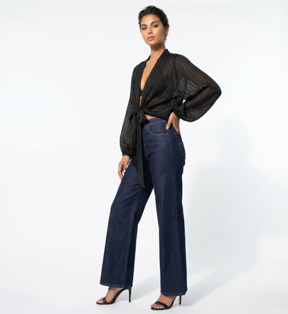 The Callista Striped Sheer Shimmer Tie-Front Blouse