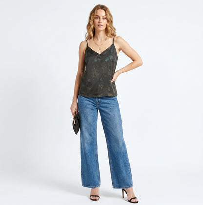 The Lyra Floral Satin V-Neck Cami Top in Dark Floral