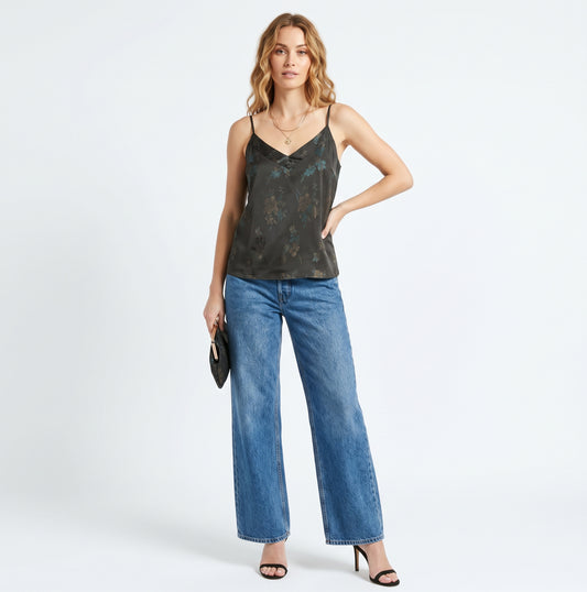 The Lyra Floral Satin V-Neck Cami Top in Dark Floral